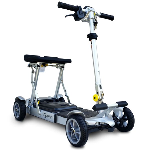 A silver folding mobility scooter from EV Rider, perfect for on-the-go transportation and independence.