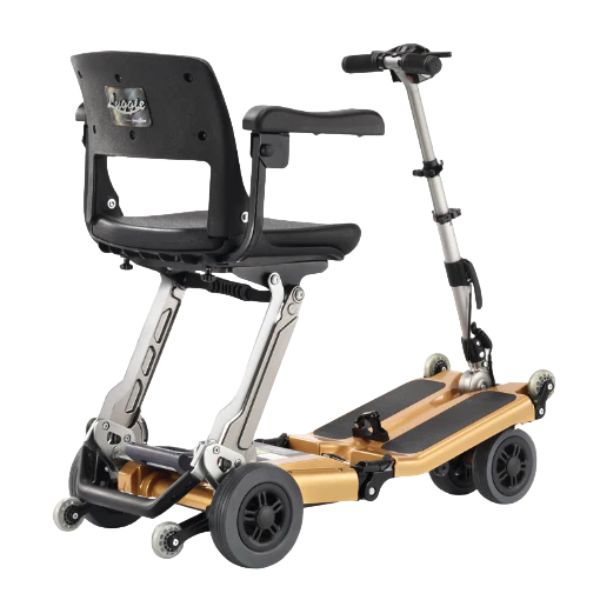A sleek and stylish mobility scooter, the FreeRider Luggie Golden Elite, perfect for those looking for independence and convenience in their daily travels.