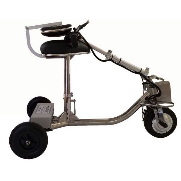 A photo of the HandyScoot Folding 3 Wheel Travel Mobility Scooter with a folding tiller, perfect for easy transportation and storage.